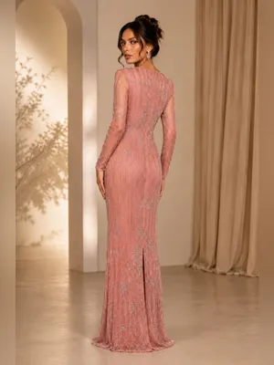 New Mac Duggal Pink Embellished High Neck Illusion Long Sleeve Gown - Size 14 thumbnail 2