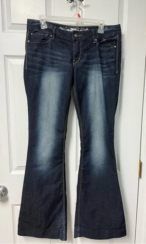 Express Dark Blue Flare Jeans with Faded Front Panels thumbnail 1