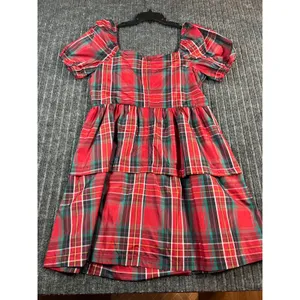 COPPER KEY Plaid Tiered Mini Dress Women Large Red Puff Sleeve Square Neck‎ NWT thumbnail 7