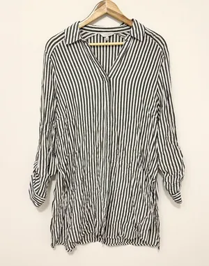 Lucky Brand Button Down Shirt Tunic Dress Size Large Striped Boho Beach Cover Up thumbnail 1