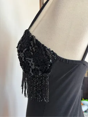 Vintage Black Beaded Fringe Mini Bodycon Dress thumbnail 7