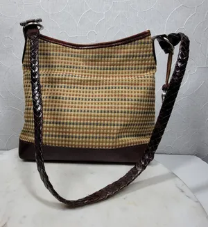 Brighton Tweed Purse Braided Leather Trim Heart Charm Brown Tan Check thumbnail 1
