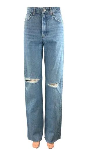 Zara Womens Blue Ripped Distressed Straight Palazzo Wide Leg Denim Jeans Pants 2 thumbnail 1