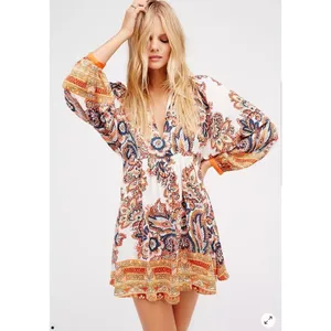 Free People Say‎ You Love Me Mini Dress Size M Orange Combo Paisley Boho Flowy thumbnail 2