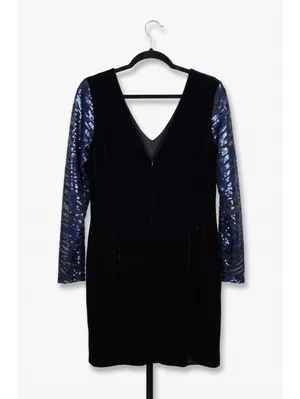 Lane Bryant Black Velvet Sheath Dress Navy Sequin Sleeve V-Neck V-Back Size 18 thumbnail 2