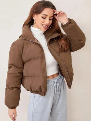 SHEIN Drop Shoulder Butterfly Chest Crop Puffer Zip Up High Neck Coat Jacket S thumbnail 4
