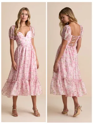Lulus Sincerely Wondrous Pink Floral Puff Sleeve Tiered Midi Dress Size XL NWT thumbnail 2