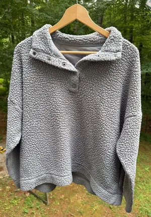 Aerie Grey Sherpa Half-Button Pullover Sweatshirt, Size L thumbnail 1