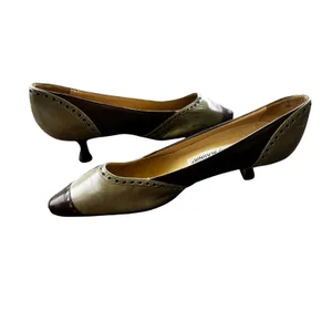 Manolo Blahnik Pumps 36 Brown Olive Leather Wingtip Brogue Kitten Heel Vintage thumbnail 6