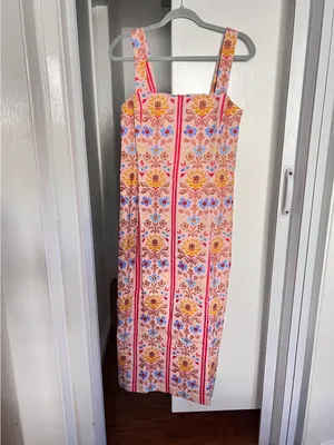 Hill house home The Iris Dress Floral Stripe Midi Dress in Peach Pink, S thumbnail 2