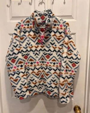 Eddie Bauer Womens Large Quarter Zip Sherpa Fleece Pullover Geometric Southwest‎ thumbnail 1