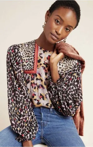 Bl^nk London x Anthropologie Joelle Leopard Print Peasant Blouse Medium thumbnail 1
