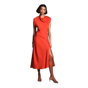 Anthropologie Maeve Cap Sleeve Cowl‎ Neck Slip Red Side Slit Midi Dress XS P thumbnail 2
