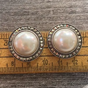 Vtg 925 Sterling Silver Faux Pearl Button Clip On Earrings Classic 1” Diameter thumbnail 5