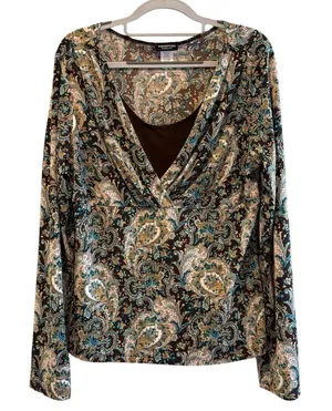 Perseption Concept Top Stretch Knit Popover Blouse Brown‎ Teal Paisley Medium thumbnail 1