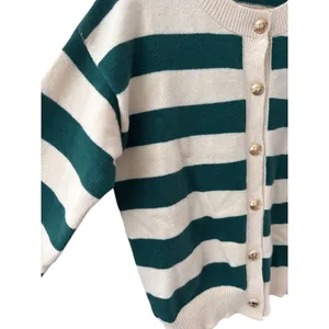 Long Sleeve Crew Neck Button Up Striped Sweater Cardigan Green White Size Large thumbnail 7