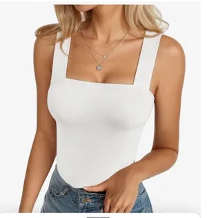 Womens White Square Neck Bodysuit Medium Sleeveless Seamless thumbnail 1