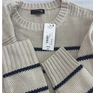 ANA A New Approach Striped Crew Neck Sweater Oatmeal Navy Blue Medium NWT‎ thumbnail 4