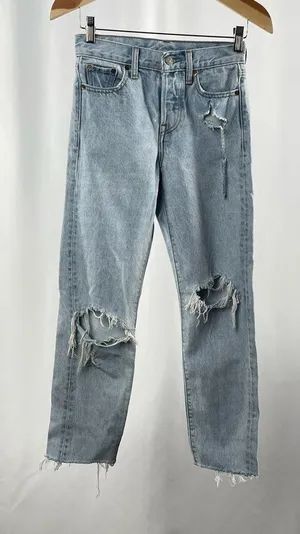 Levi's Distressed Rigid Denim Straight Leg Jeans in Light‎ Blue Size 23 thumbnail 1