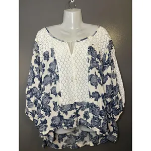 Free People Blouse Womens M White Scoop Neck 3/4 Balloon Sleeve Floral Tunic thumbnail 2