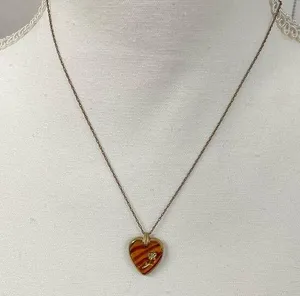Vintage Gold Tone Orange Plastic Heart Pendant With Rhinestone Necklace thumbnail 1