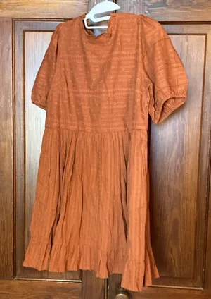 Universal Threads Puff Short Sleeve 100% Cotton Ruffle Mini Dress Burnt Orange S thumbnail 1