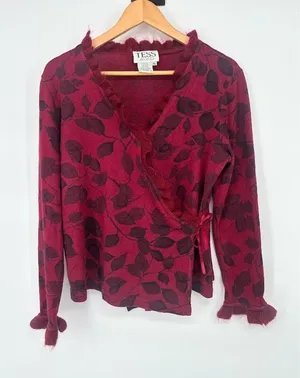 Tess‎ Dress Floral Wrap Sweater Y2K Size XL Silk Wool Blend Ruffle Red Romantic thumbnail 1