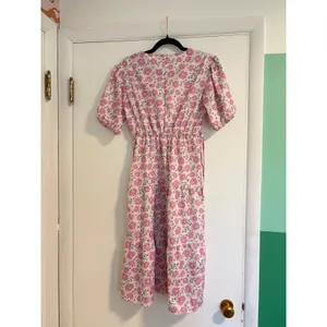 Japanese Floral Tiered Midi Dress Pink Purple Puff Sleeve Elastic Waist Medium thumbnail 6