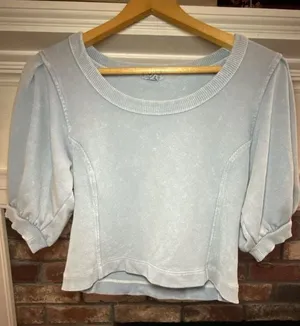 Aerie Women's Blue Acid Wash Puff Sleeve Ribbed Detail Cropped Sweatshirt thumbnail 1