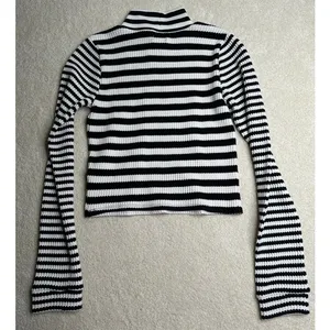 Aerie: Black and White Striped Waffle Mockneck Long Sleeve thumbnail 3