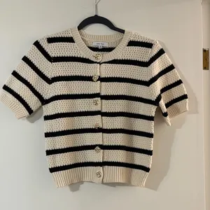 Love Tree Cream & Black Striped Short Sleeve Cardigan with Decorative Buttons thumbnail 1