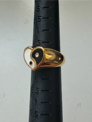 Gold Heart Yin Yang Enamel Ring - Black & White thumbnail 4