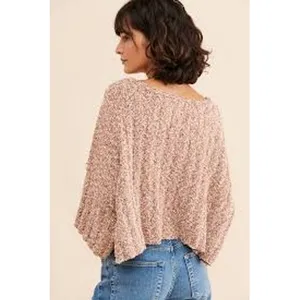 Free‎ People Sweater Womens M Pink Bouclé Knit Cropped Bell Sleeve Boho Pullover thumbnail 3