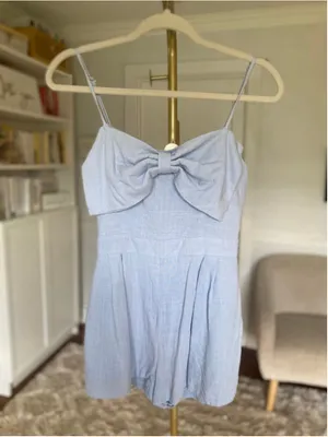 Altar’d State Blue Linen Blend Bow‎ Front Romper Coquette Quiet Luxury Romantic thumbnail 2