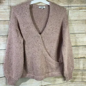 pink chunky knit sweater women size Small wrap front pullover thumbnail 12