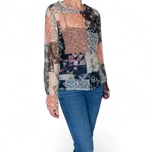 Colorful Floral Patchwork Boho Sheer Long Sleeve Shirt thumbnail 4