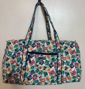 EUC Vera Bradley Large Travel Duffel Bag Cuban Stamps Zipper Handles Pockets thumbnail 1