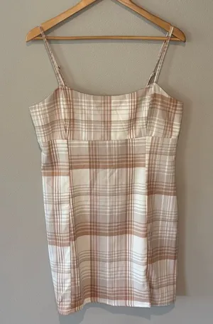 AEROPOSTALE Spaghetti Strap Plaid Mini Dress‎ w/ Slit @ Hem Brown/Cream Sz L thumbnail 1
