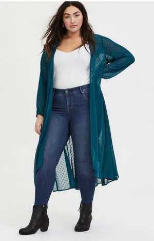 Torrid Teal Green Clip Dot Chiffon Kimono Sz.0 thumbnail 1