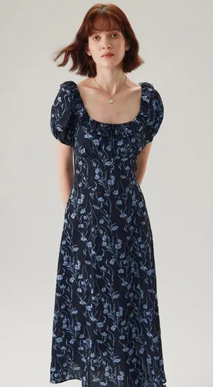 RIHOAS Navy Floral U-Neck Puffed-Sleeve Maxi Dress thumbnail 1