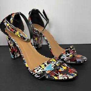 Block Heels BAMBOO Black Multi-Color Graffiti Ankle Strap Sandals thumbnail 1