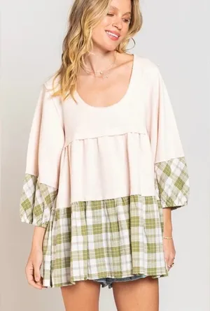 Shades Of Fall 3/4 Sleeve Plaid Rib Knit Tiered Tunic Balloon Sleeve Women’s Med thumbnail 1