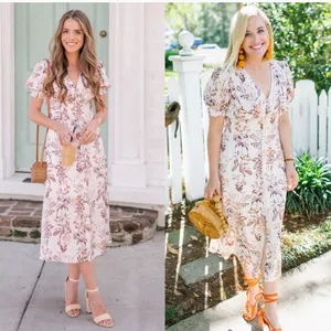 Gal Meets Glam 11G White Floral Midi Dress Puff Sleeve Button Front Size 12‎ thumbnail 2