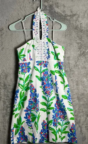 Lilly Pulitzer Size 2 Isabel Halter Dress White Green Blue‎ Floral Tie Neck thumbnail 1