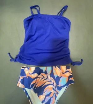 Cupshe Size S Blue Ribbed Tankini Top and Floral High-Waisted Bikini Bottom Set thumbnail 4