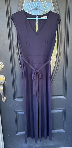 Boden Navy Blue Jersey Wide Leg Jumpsuit‎ V-Neck Tie Waist Pockets US 8R UK 12R thumbnail 1