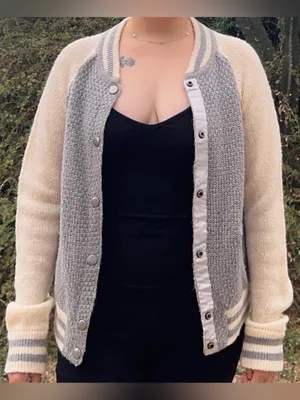 Gray & cream varsity cardigan. thumbnail 3