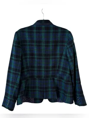 Talbots Wool Blend Green Blue Plaid Blazer Size 12 Crest Buttons Holiday thumbnail 2