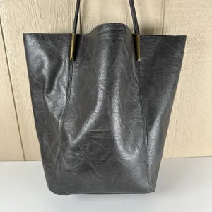 Anthropologie Leather Akimbo Shoulder Tote Bag w/ Pouch Black Charcoal Brass thumbnail 4
