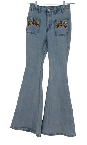 Dolls Kill x Strawberry‎ Shortcake Light Wash Embroidered Flare Jeans Small thumbnail 1